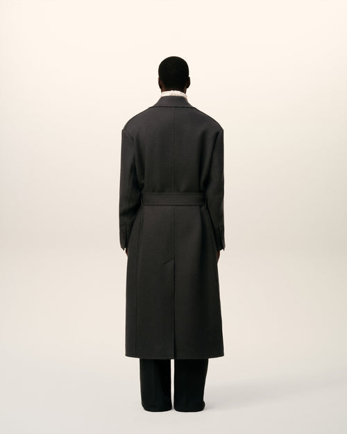 Black Wool Smocking Double Breasted Long Coat - 5 - Ami Paris