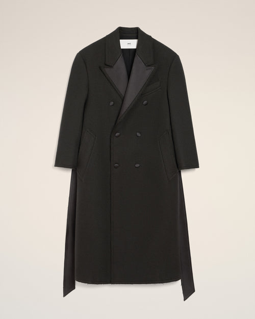 Black Wool Smocking Double Breasted Long Coat - 7 - Ami Paris