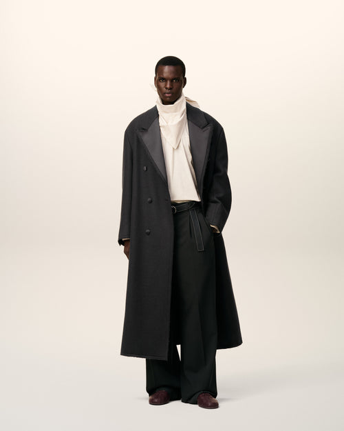 Black Wool Smocking Double Breasted Long Coat - 2 - Ami Paris