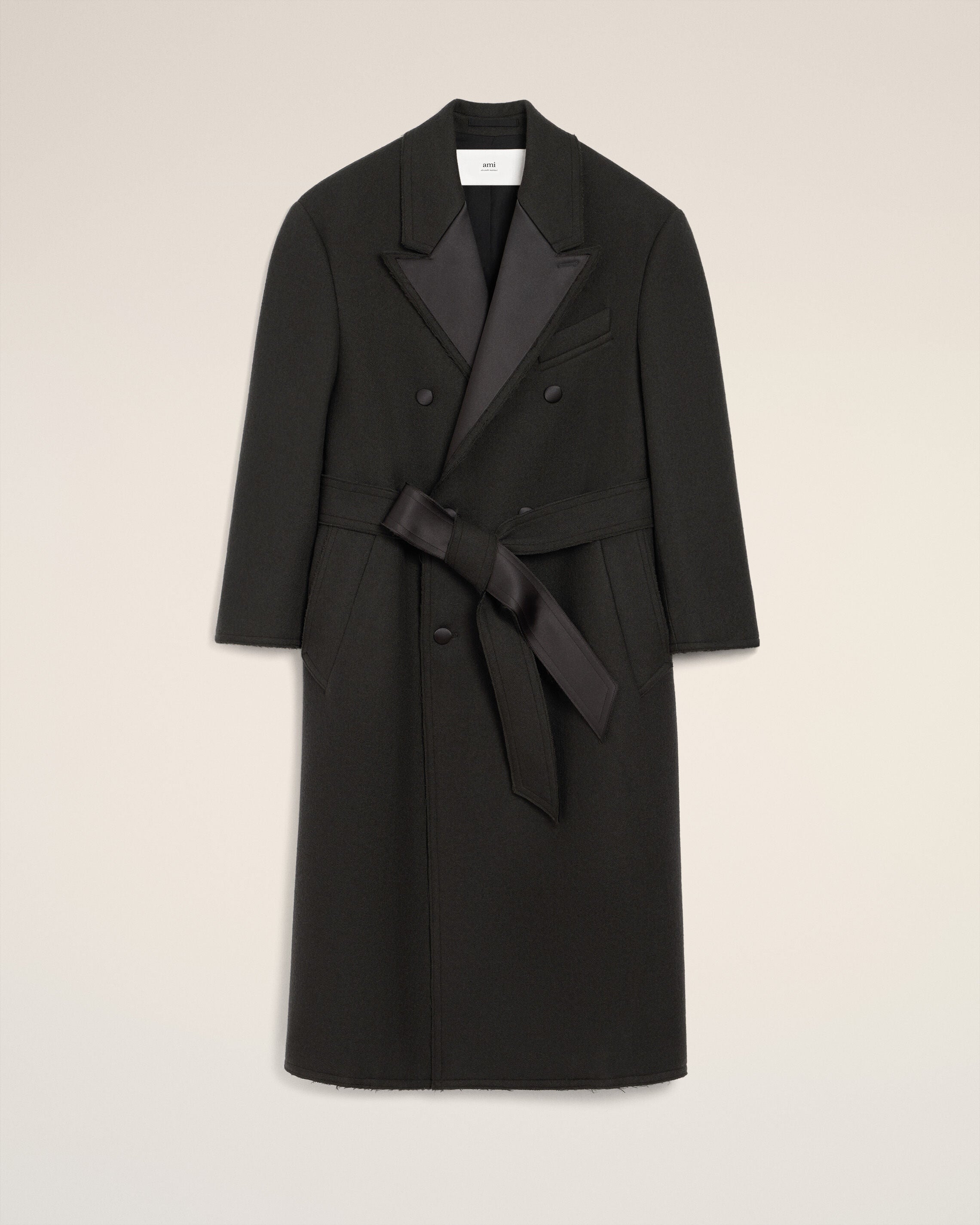 ブラック ウール スモッキング ダブルブレスト ロングコート アンスラ