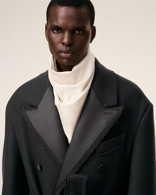 Black Wool Smocking Double Breasted Long Coat - 4 - Ami Paris