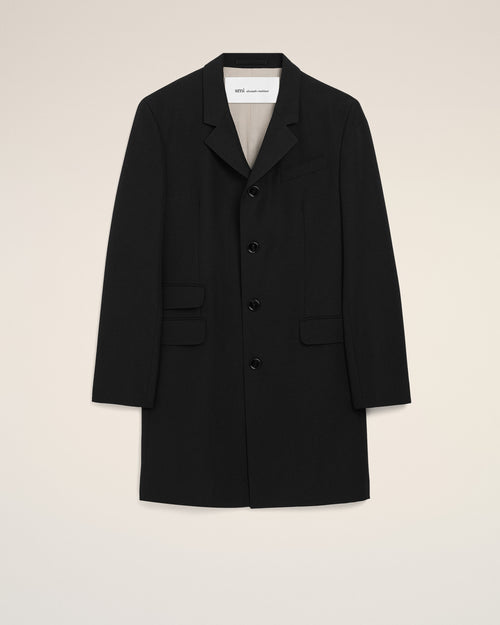 Manteau Noir Droit Simple Boutonnage en Laine Vierge - 2 - Ami Paris