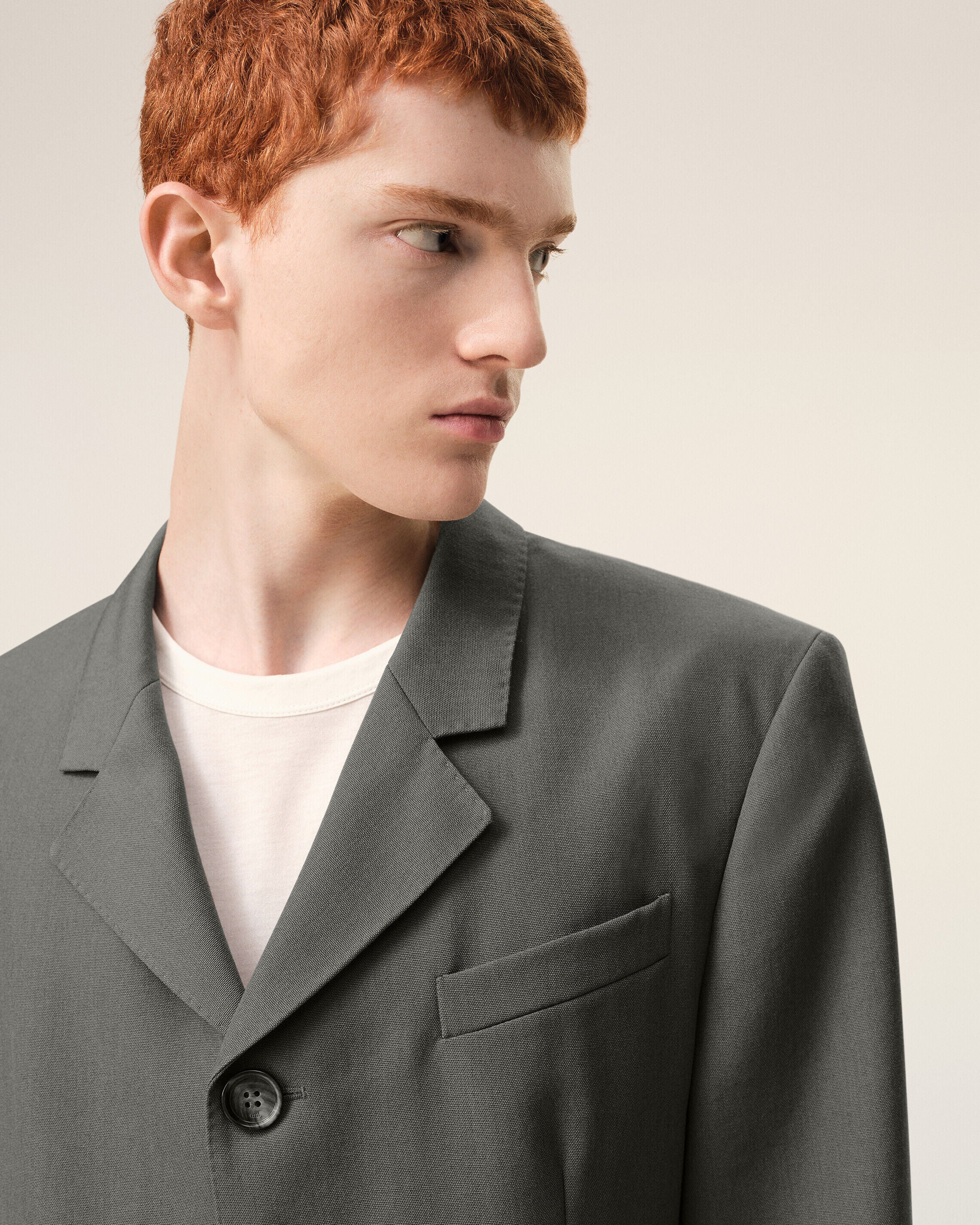 Blazer long Gris Droit Simple Boutonnage en Laine Vierge - 4