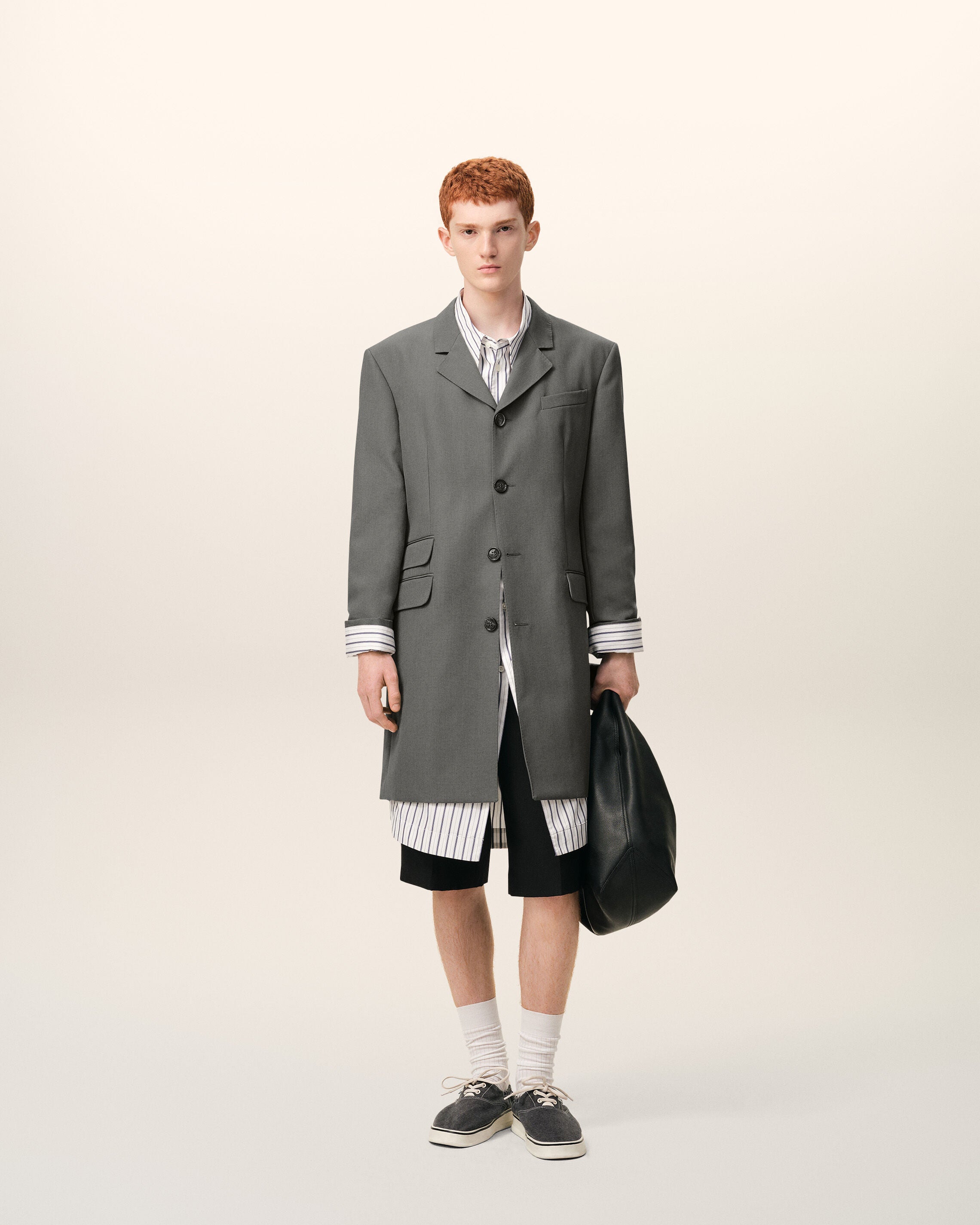 Blazer long Gris Droit Simple Boutonnage en Laine Vierge - 2