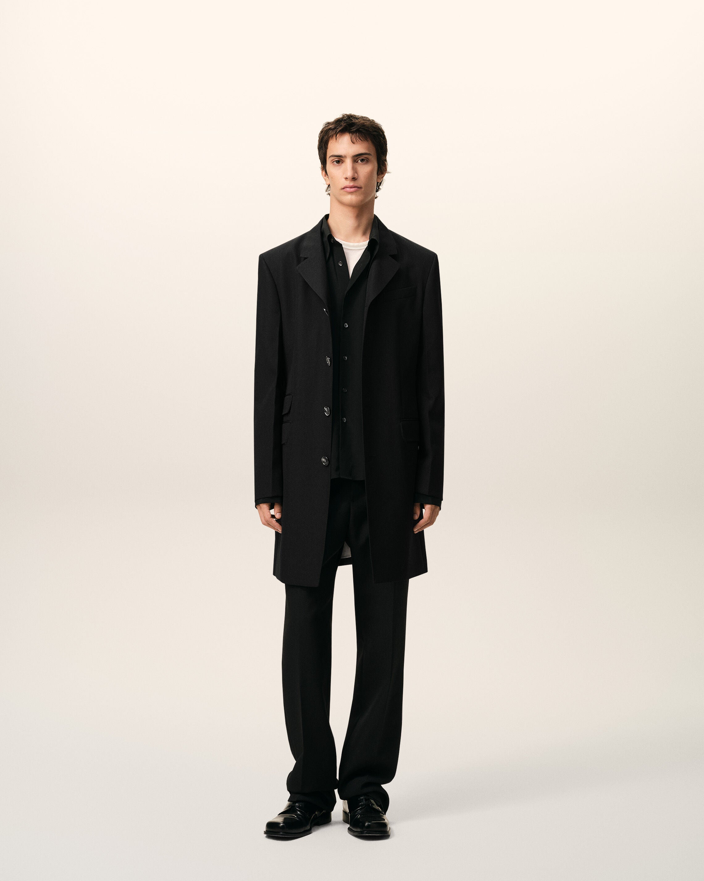 Blazer Long Noir Droit Simple Boutonnage en Laine Vierge - 2