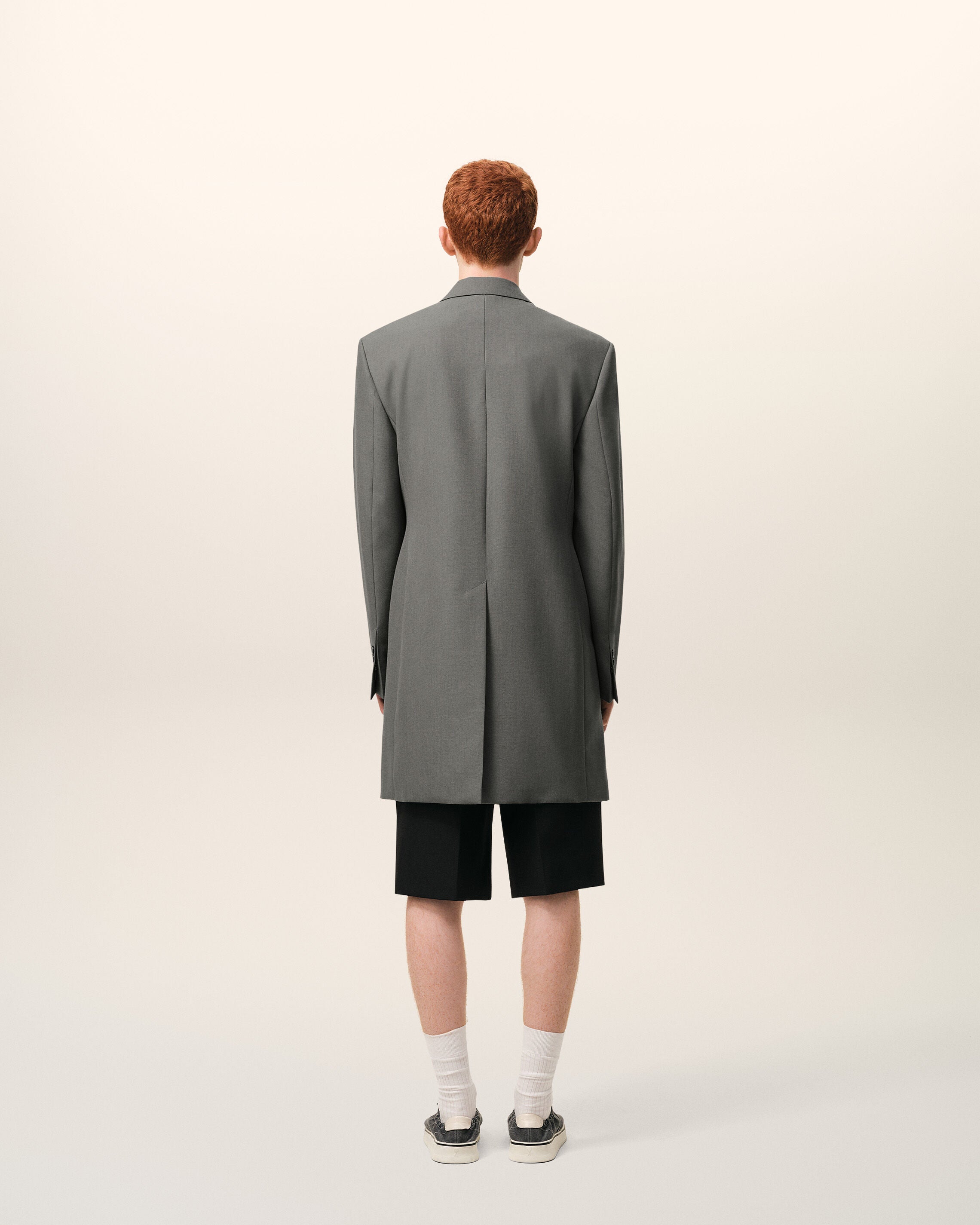 Blazer long Gris Droit Simple Boutonnage en Laine Vierge - 5