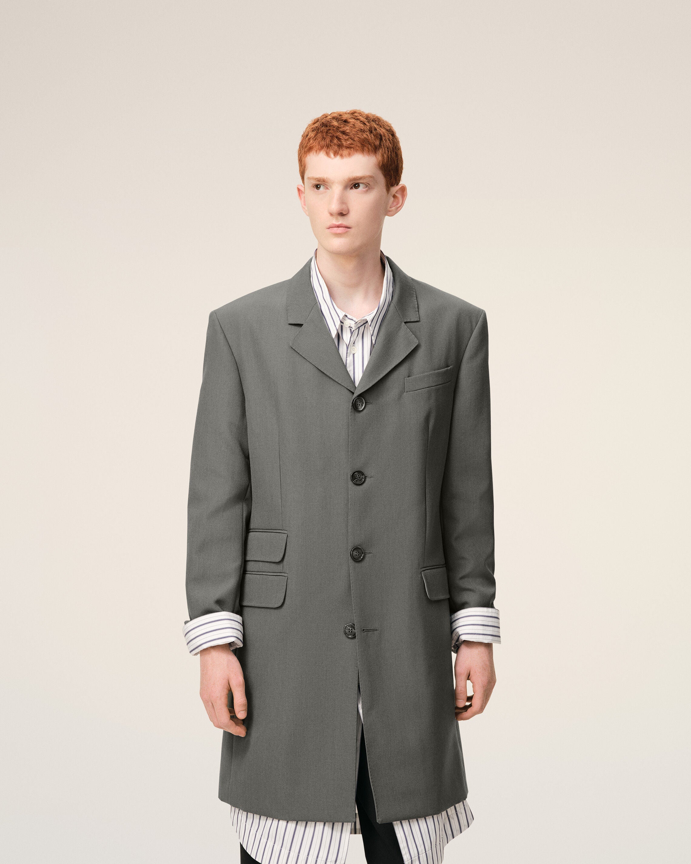 Blazer long Gris Droit Simple Boutonnage en Laine Vierge - 3