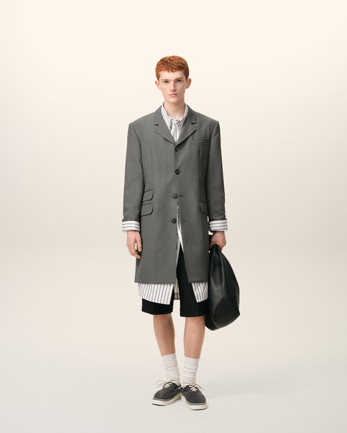 Blazer long Gris Droit Simple Boutonnage en Laine Vierge - 1 - Ami Paris