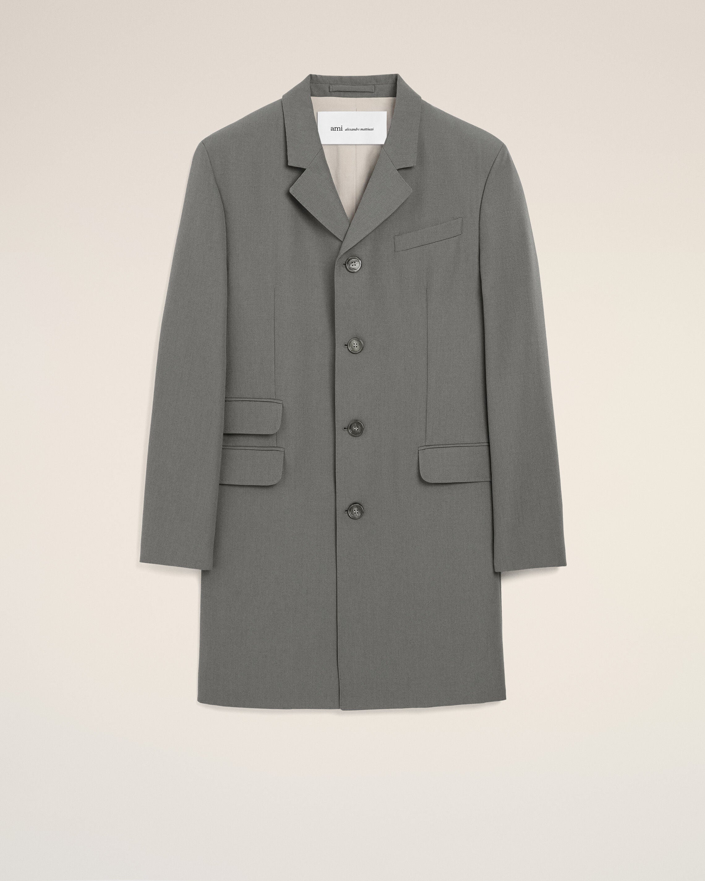Blazer long Gris Droit Simple Boutonnage en Laine Vierge - 1