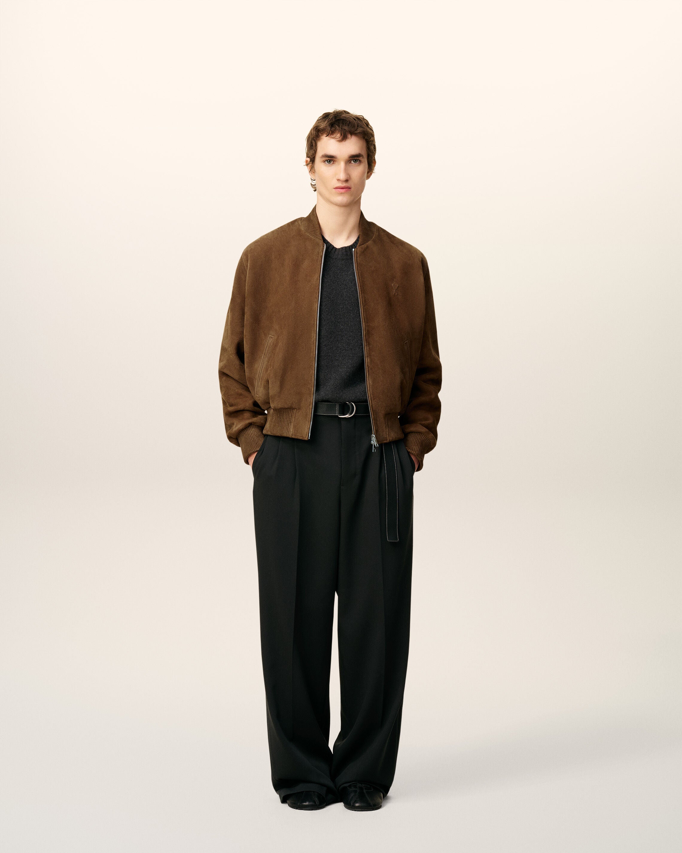HAZELNUT Brown Leather Zipped Jacket | AMI PARIS