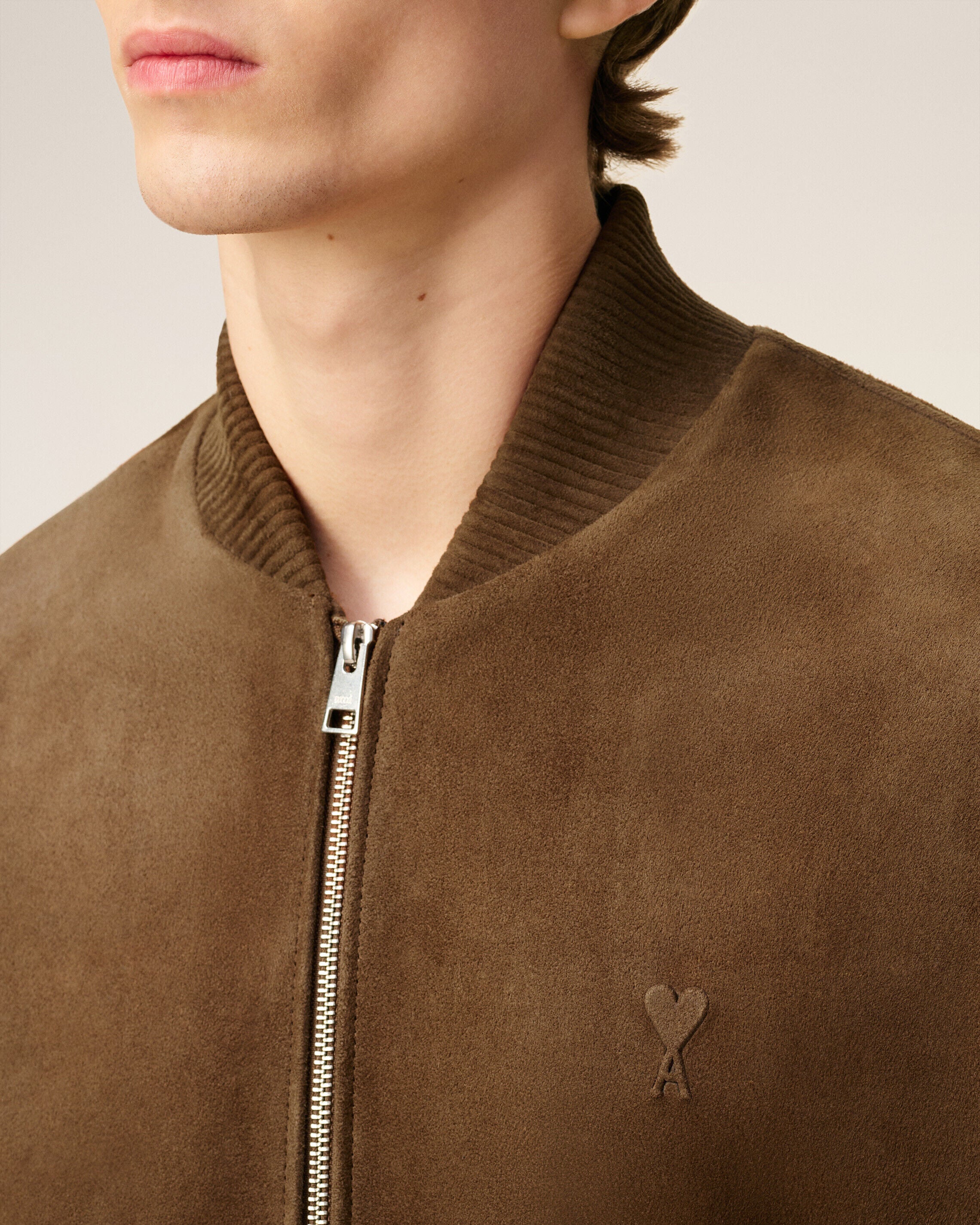 HAZELNUT Brown Leather Zipped Jacket | AMI PARIS