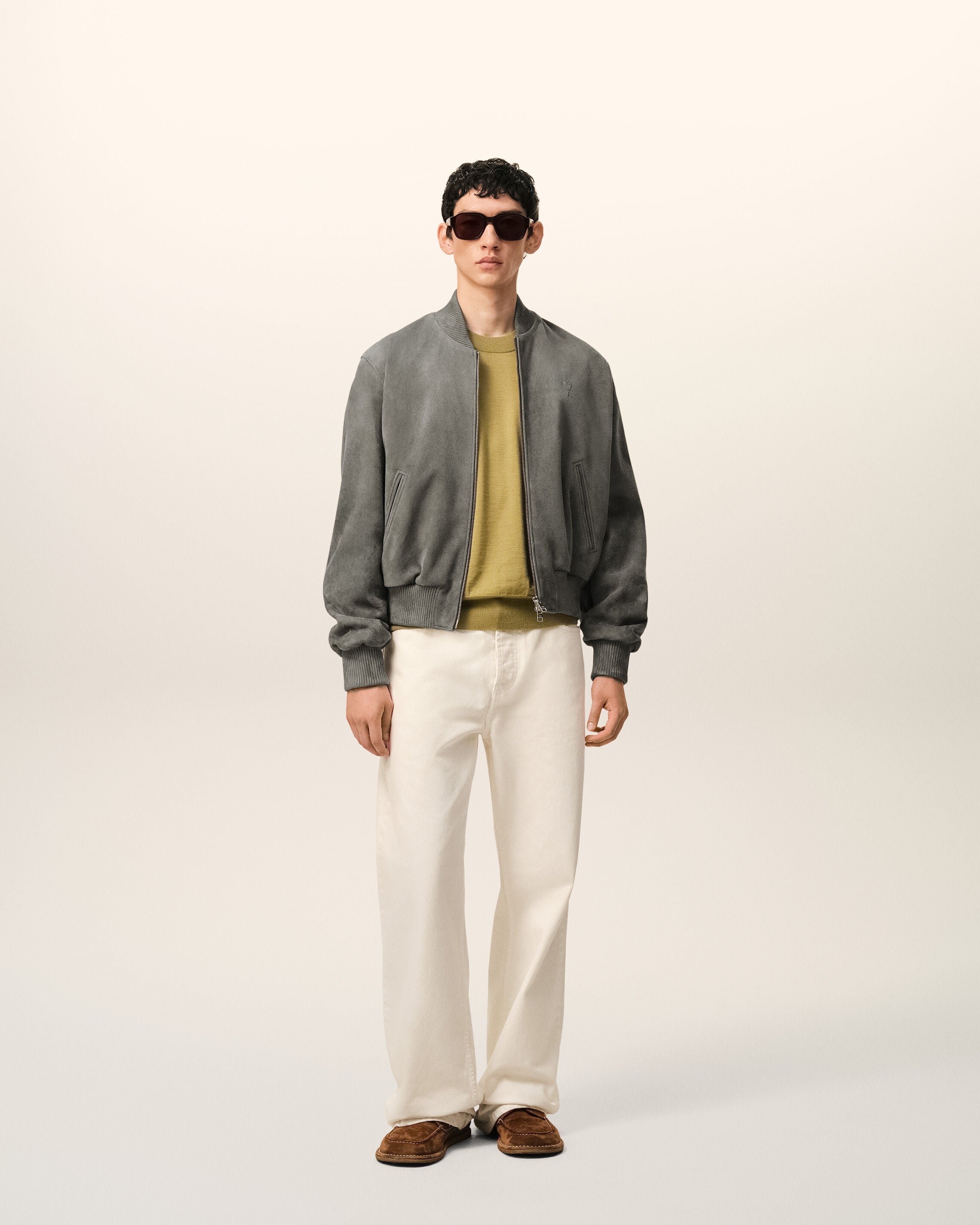 Graue Ami De Coeur Ziegenleder-Jacke mit Reißverschluss - 2