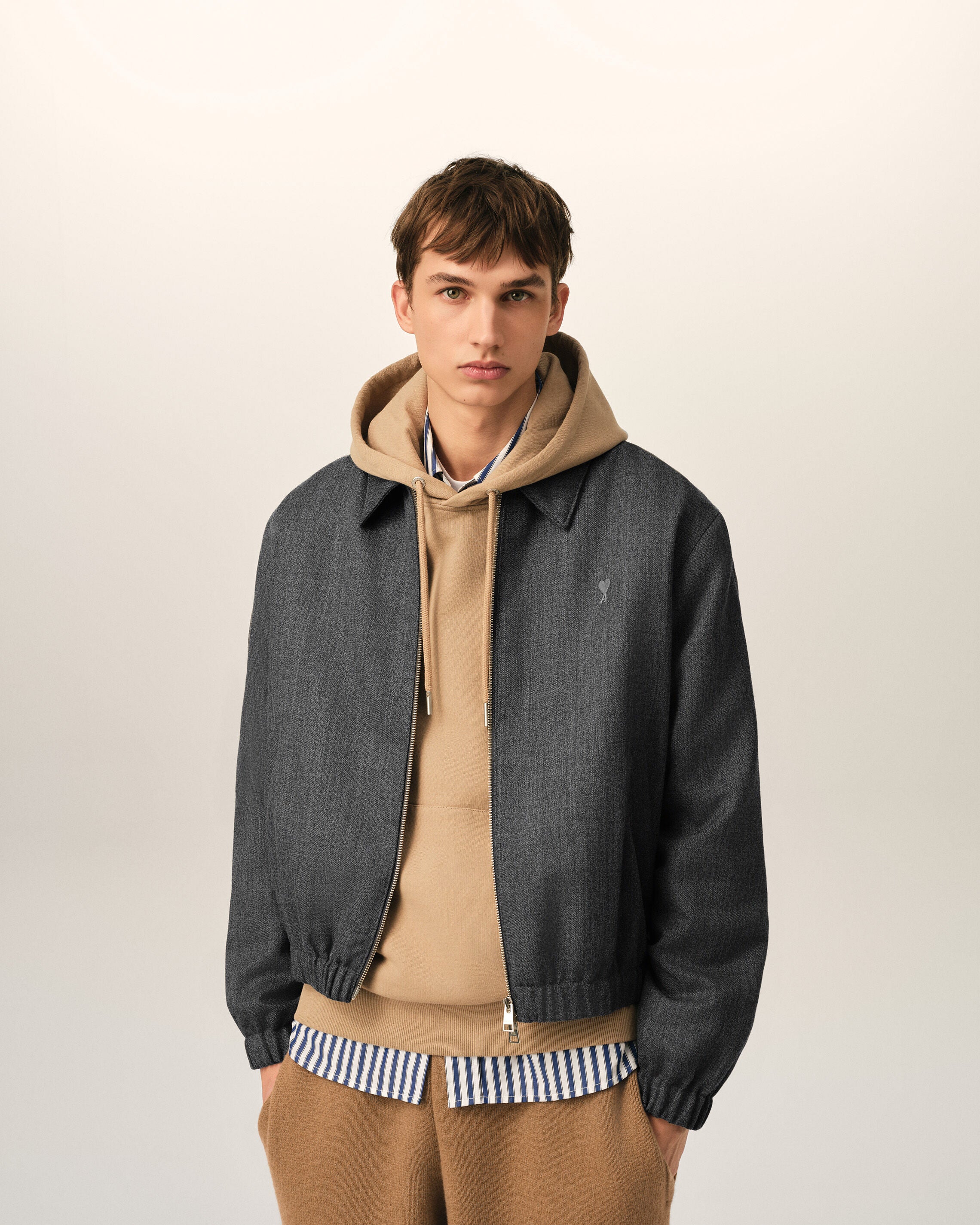 Grey wool padded jacket with Ami de Coeur - 3