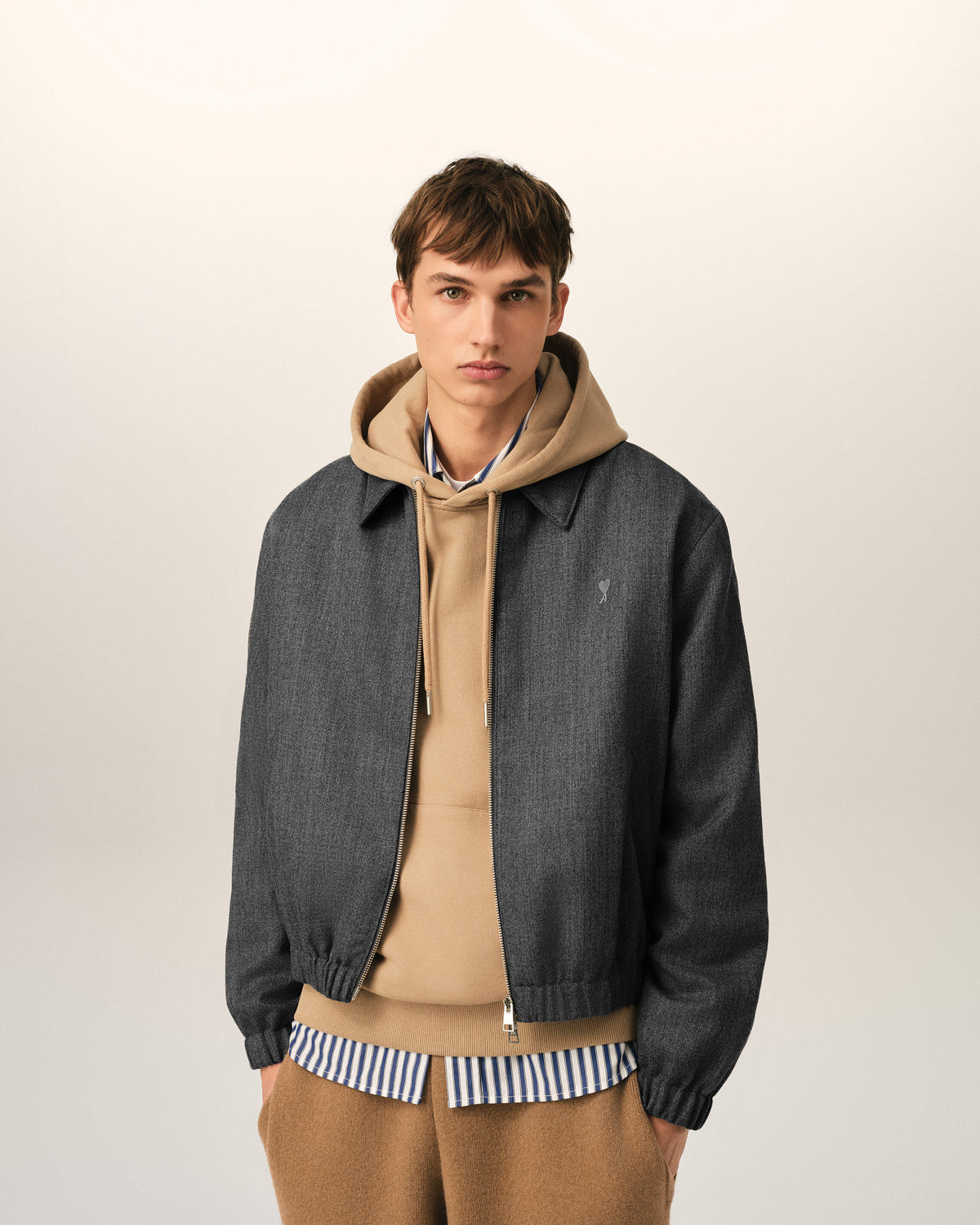 Grey wool padded jacket with Ami de Coeur - 3