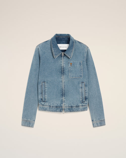 Blue Cotton Contrasted Zipped Jacket with Ami De Coeur - Man - 1 - AMI Paris - Ami Paris