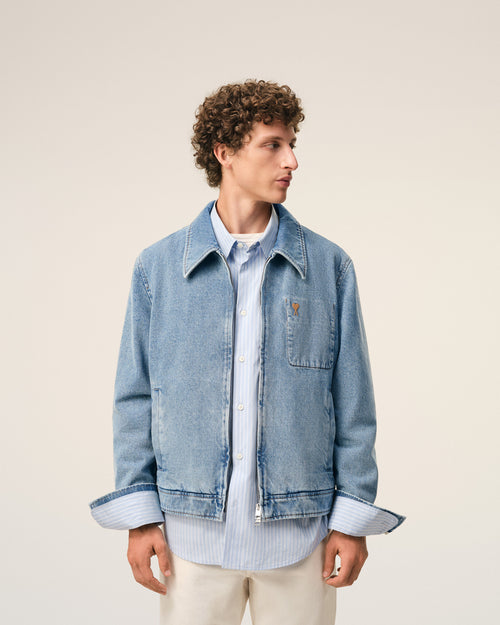 Blue Cotton Contrasted Zipped Jacket with Ami De Coeur - Man - 3 - AMI Paris - Ami Paris