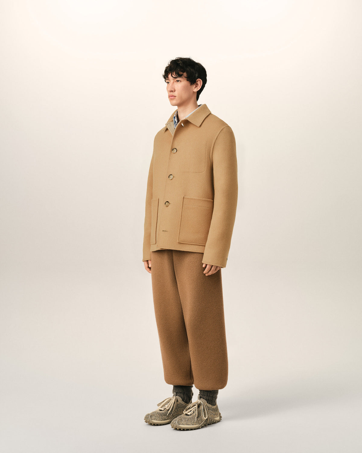 Beige button-down wool and cashmere jacket - 6
