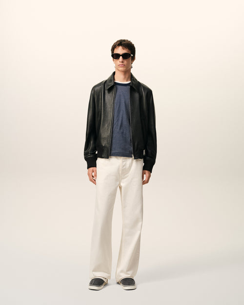 Veste Noire Zippée en Cuir D'Agneau - 1 - Ami Paris