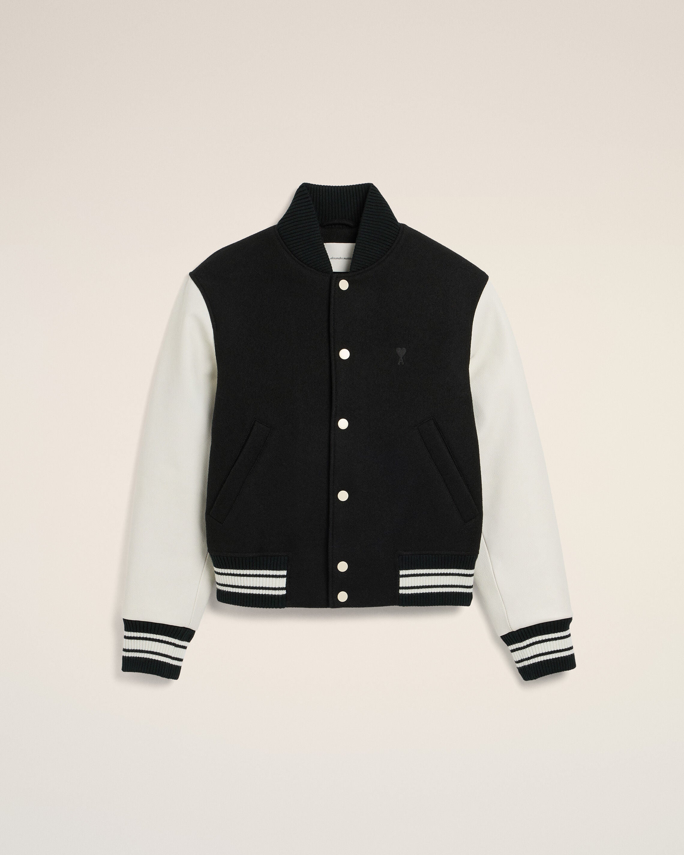 Black wool and leather padded teddy jacket with Ami Paris embroidery - 1