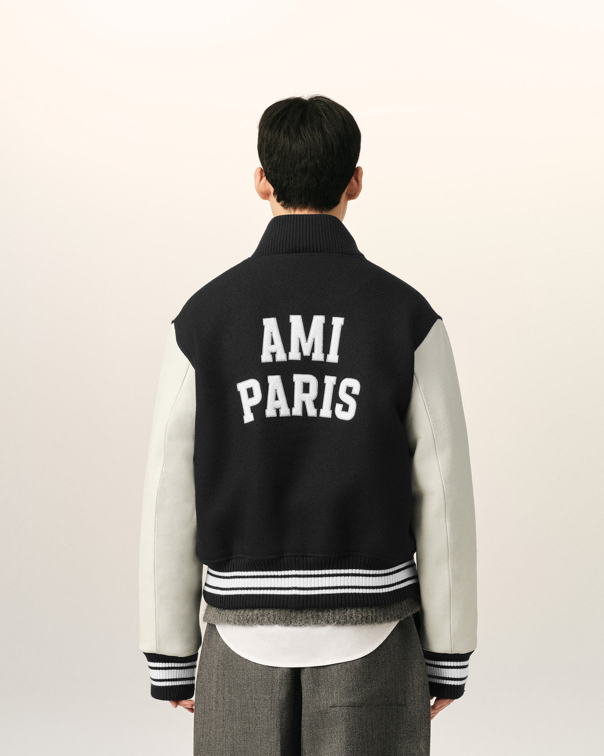 Black wool and leather padded teddy jacket with Ami Paris embroidery - 5