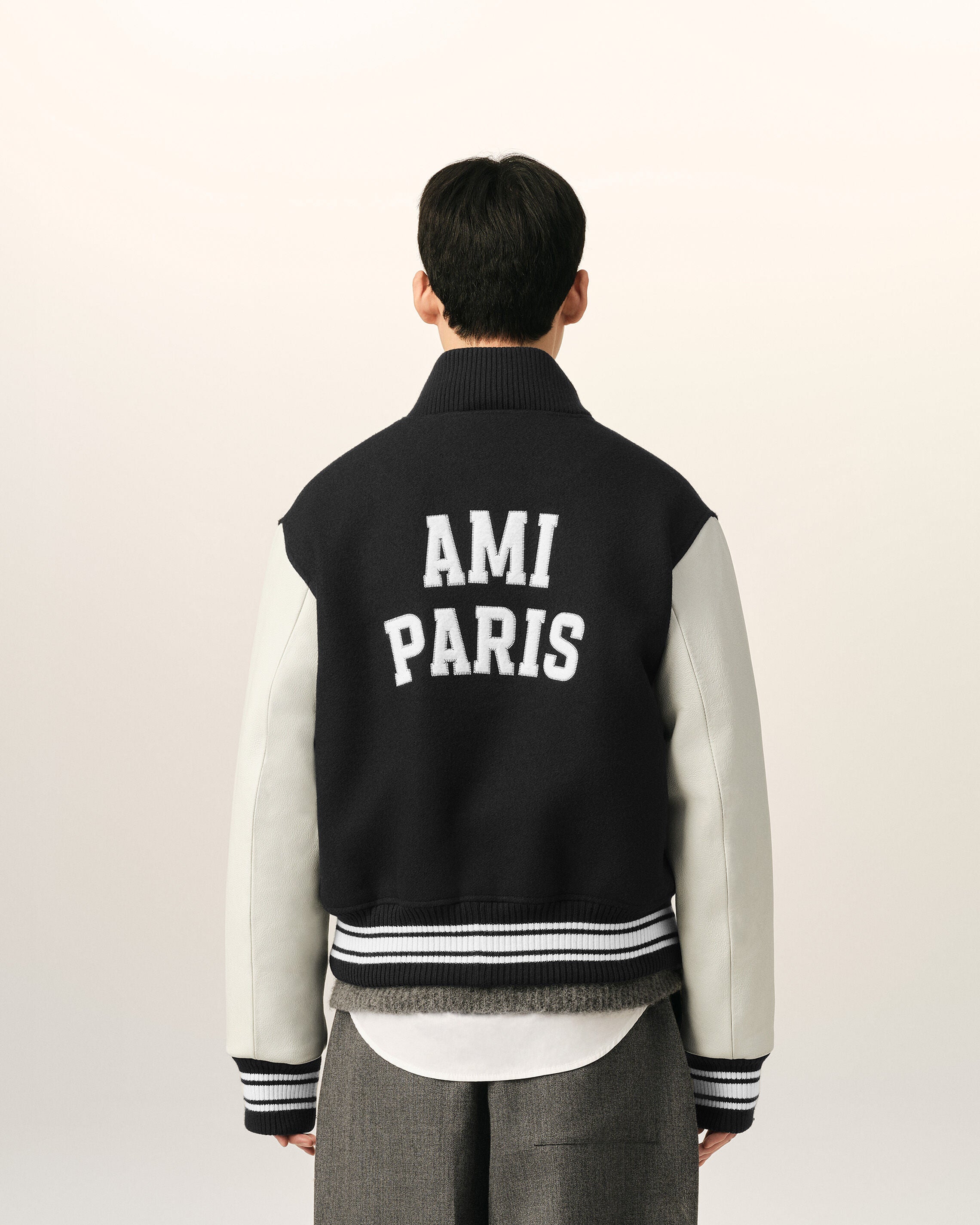 Black wool and leather padded teddy jacket with Ami Paris embroidery - 5