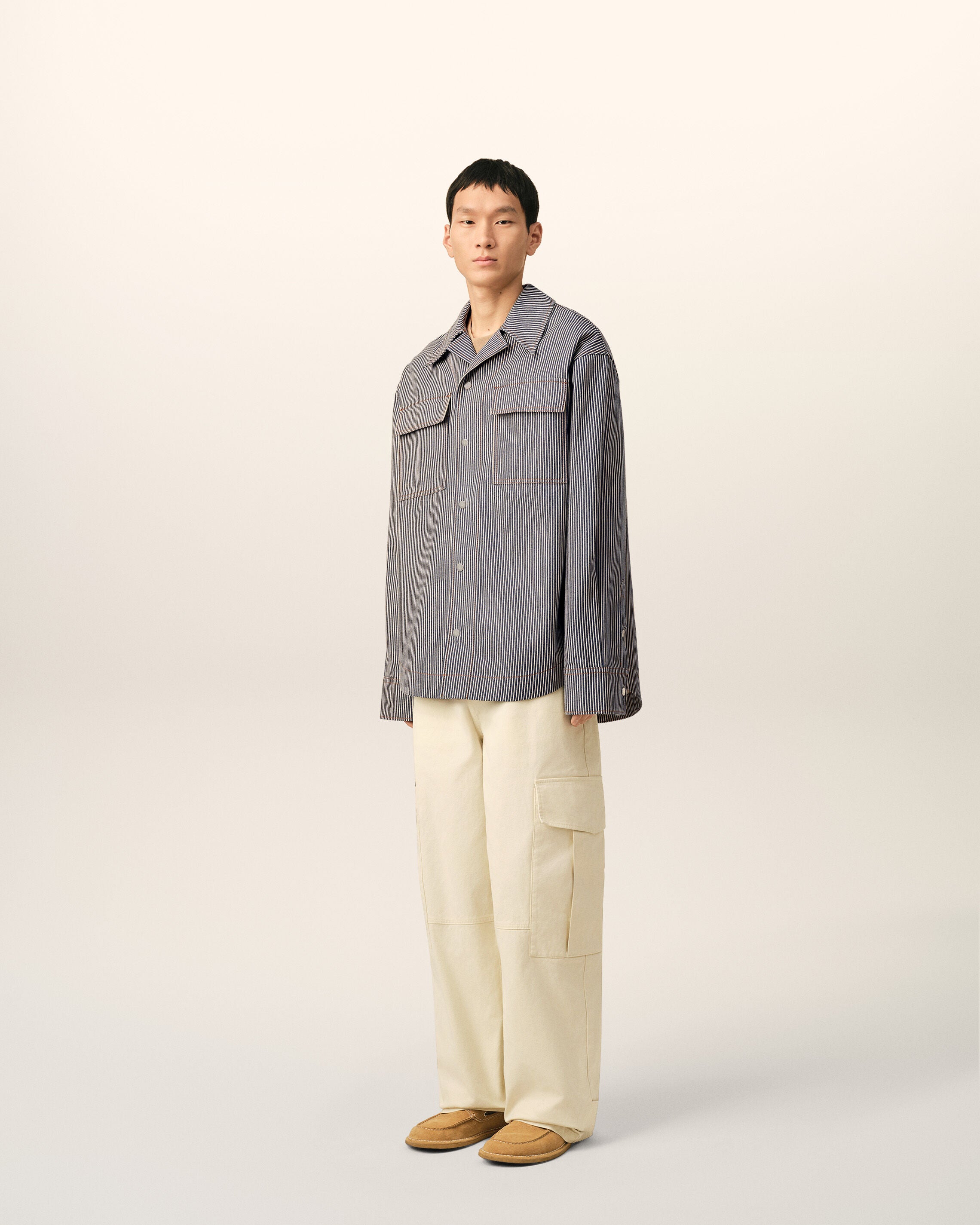 Blue striped cotton camp collar overshirt - 6
