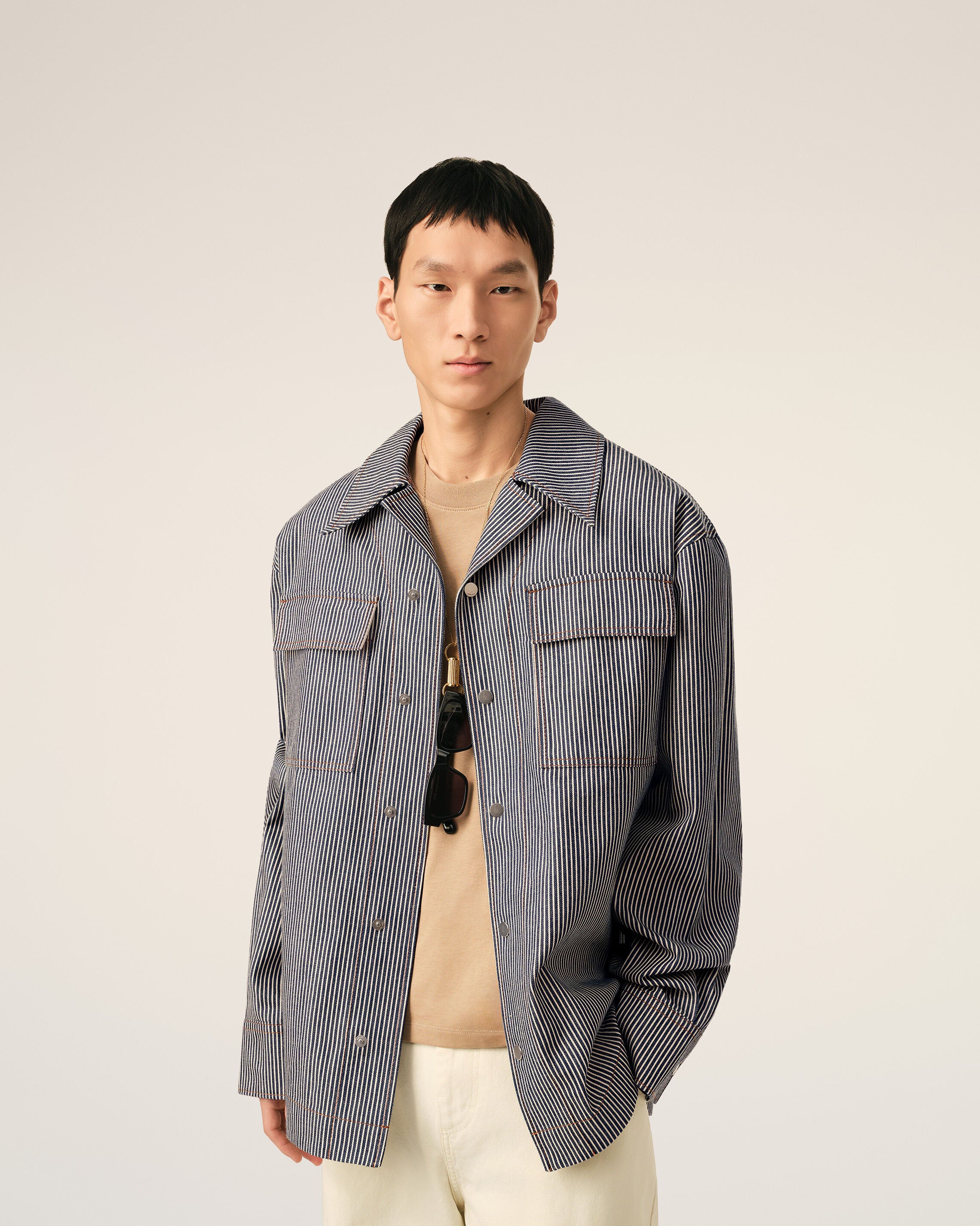 Blue striped cotton camp collar overshirt - 3