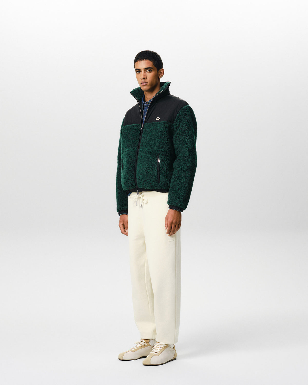 Grüne Woll- und Nylonjacke mit Reißverschluss und Ami Patch - 6