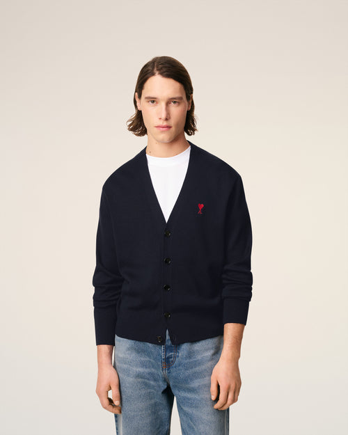 Blue Wool Cardigan With Contrasted Ami De Coeur - 3 - Ami Paris