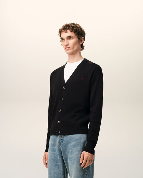 Black Wool Cardigan With Contrasted Ami De Coeur - 6 - Ami Paris