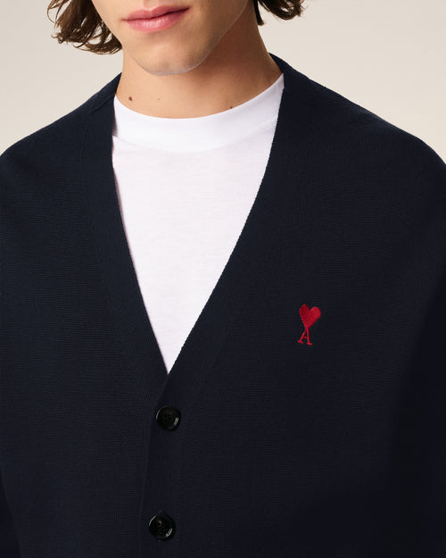 Blue Wool Cardigan With Contrasted Ami De Coeur - 4 - Ami Paris