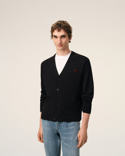 Black Wool Cardigan With Contrasted Ami De Coeur - 3 - Ami Paris