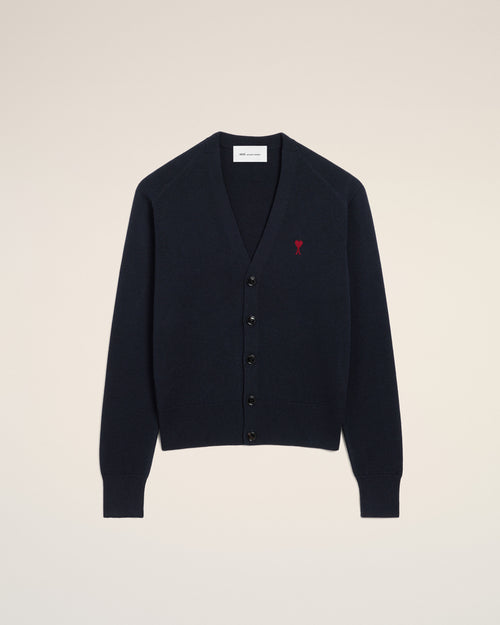 Cardigan Ami de Cœur in lana blu con scollo a V - NAVY/ROSSO - Ami Paris
