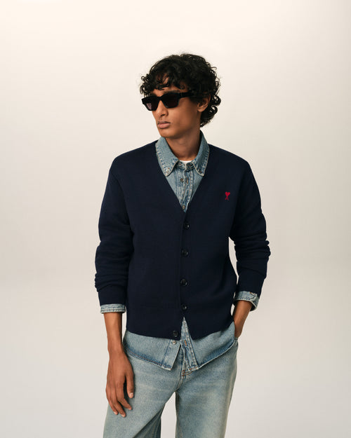 Blue V neck wool cardigan with Ami de Coeur - Man - 2 - AMI Paris - Ami Paris