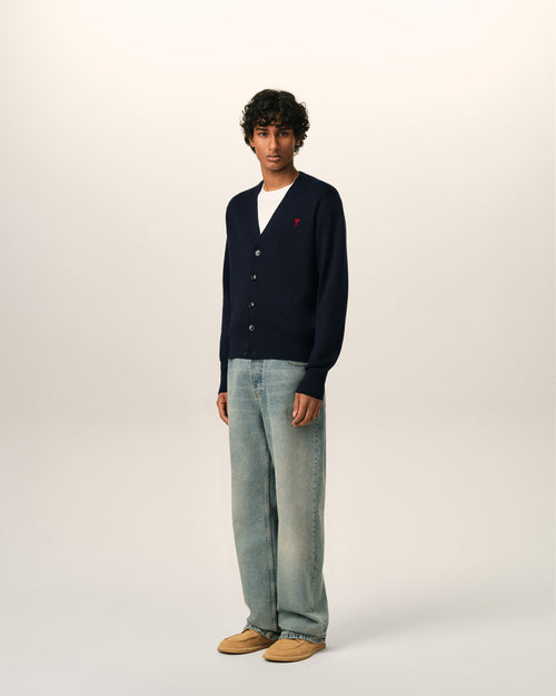 Blue V neck wool cardigan with Ami de Coeur - Man - 6 - AMI Paris - Ami Paris