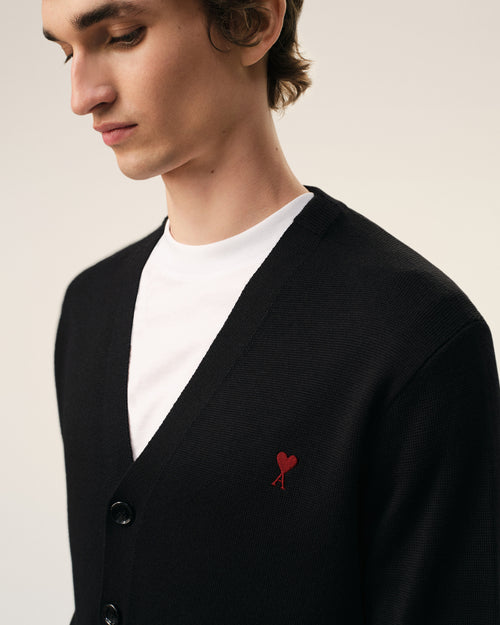 Black Wool Cardigan With Contrasted Ami De Coeur - 4 - Ami Paris
