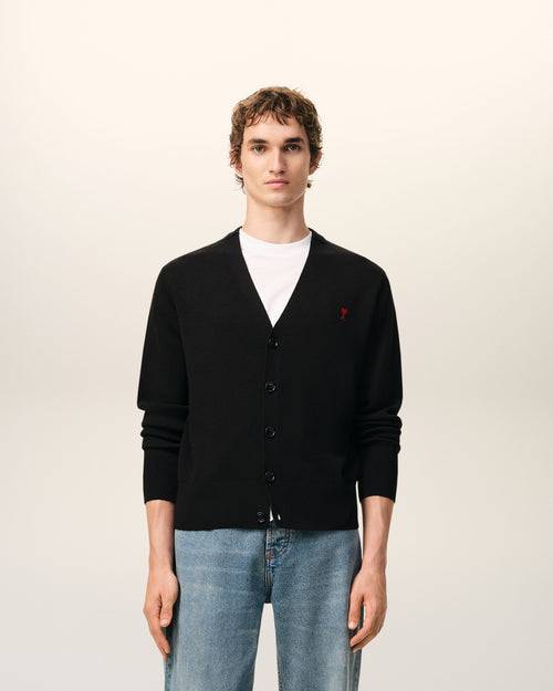 Black Wool Cardigan With Contrasted Ami De Coeur - 1 - Ami Paris