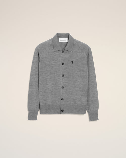 Grey Wool Shirt Collar Ami De Coeur Cardigan - HEATHER GREY / BLACK - Ami Paris