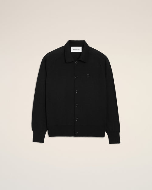 Black Wool Shirt Collar Ami De Coeur Cardigan - BLACK/BLACK - Ami Paris