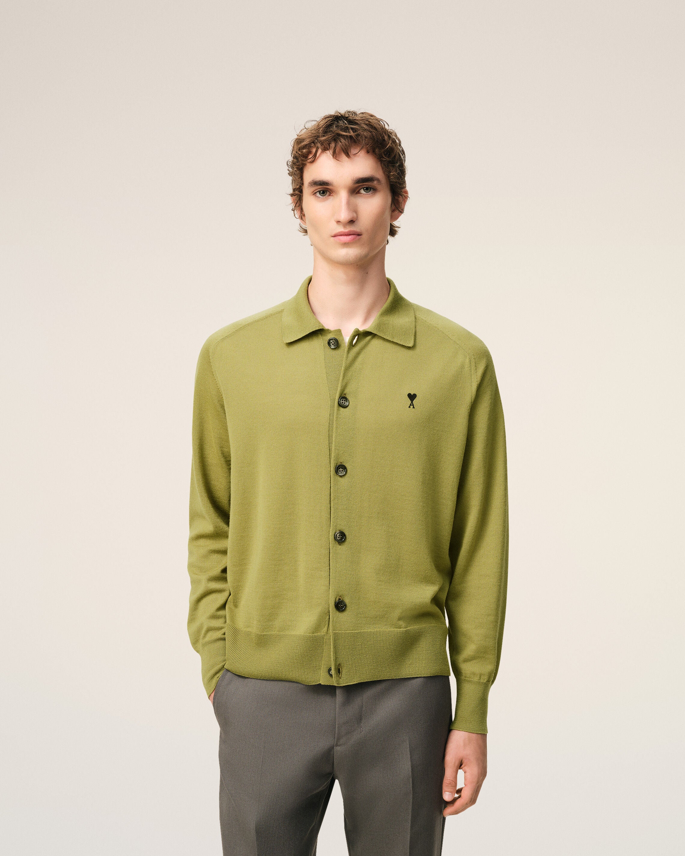 MATCHA/BLACK Green Wool Shirt Collar Ami De Coeur Cardigan | Ami Paris