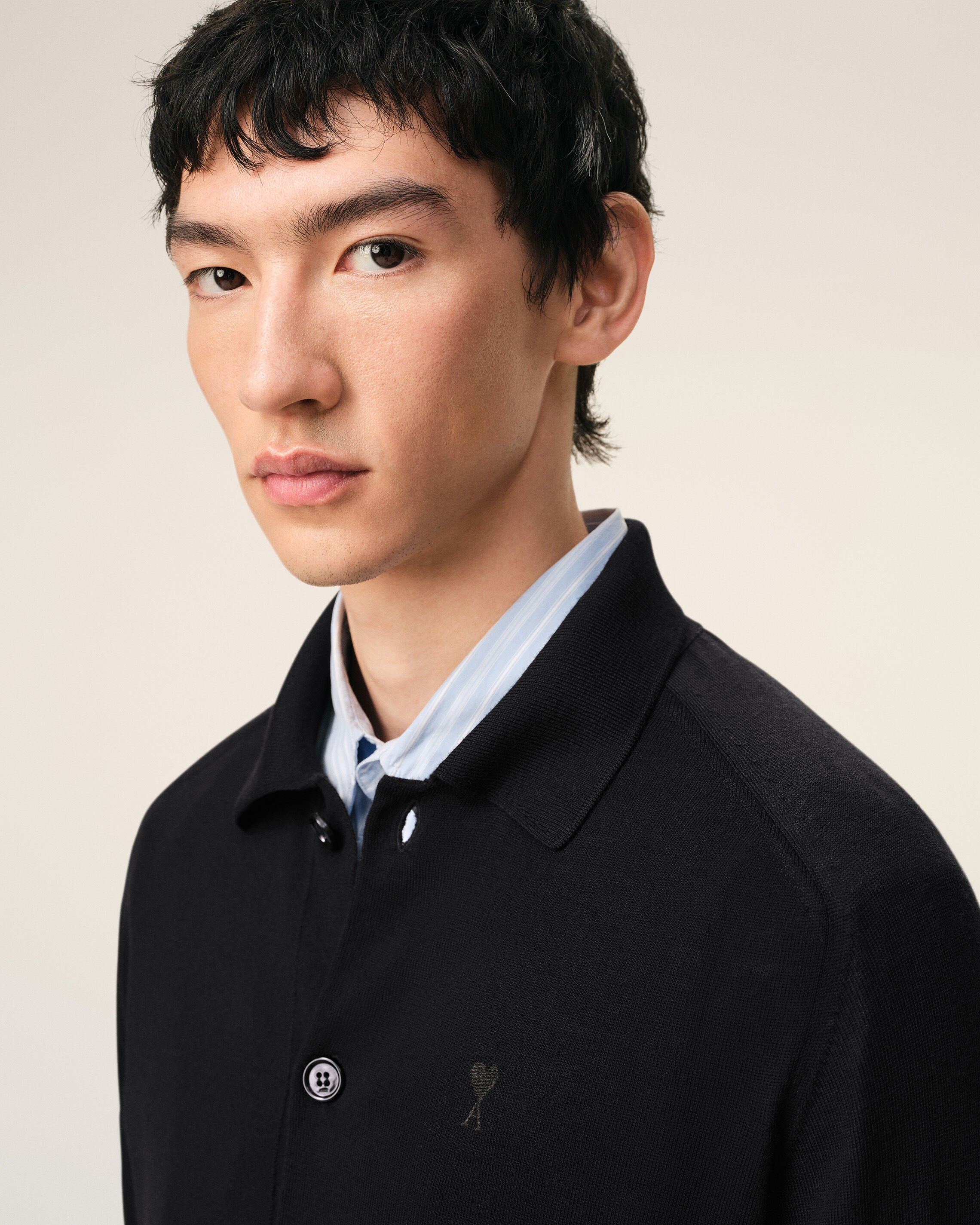 Black Wool Shirt Collar Ami De Coeur Cardigan - 4