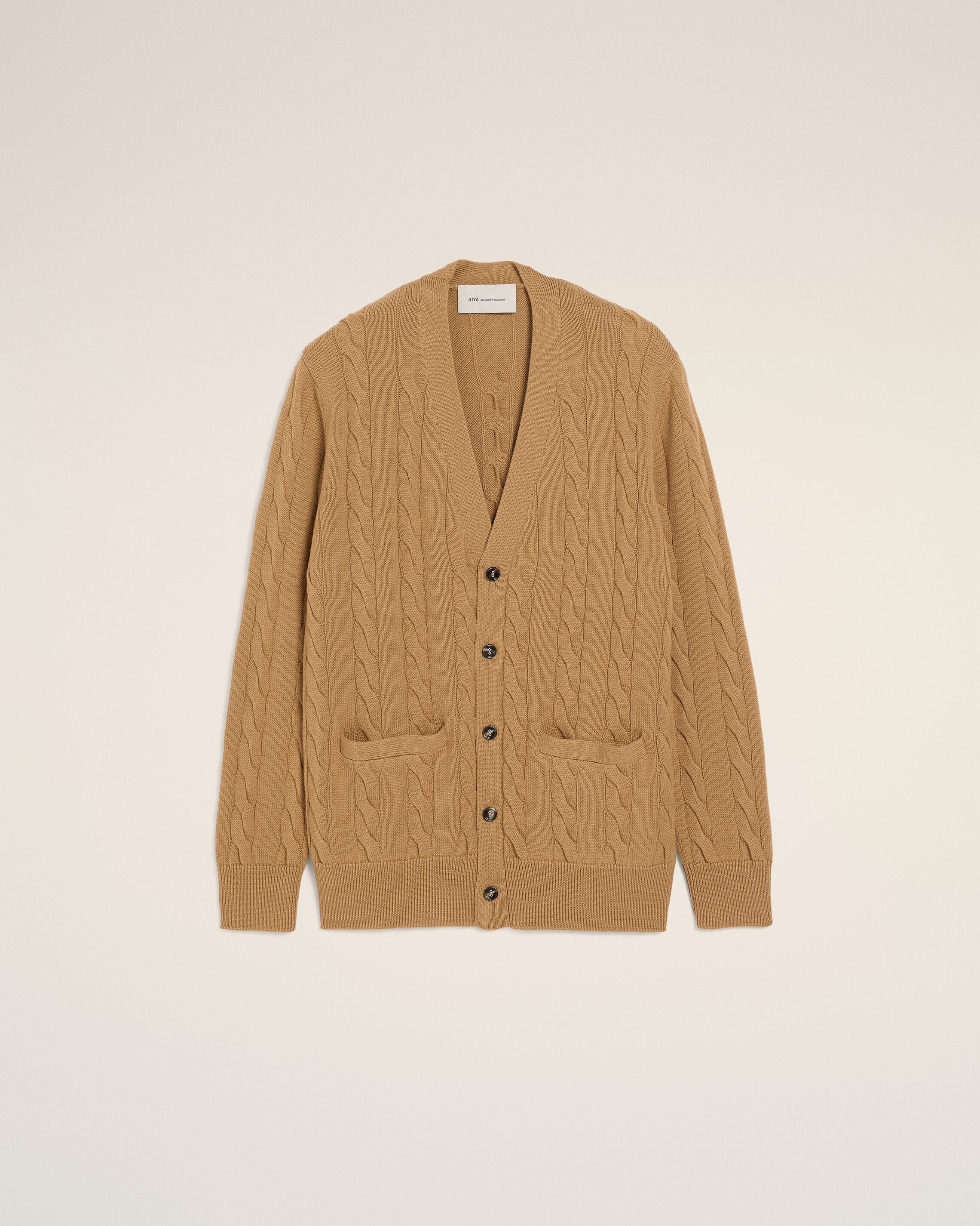 CAMEL Brown Wool And Cotton Cable Stitch Cardigan | Ami Paris