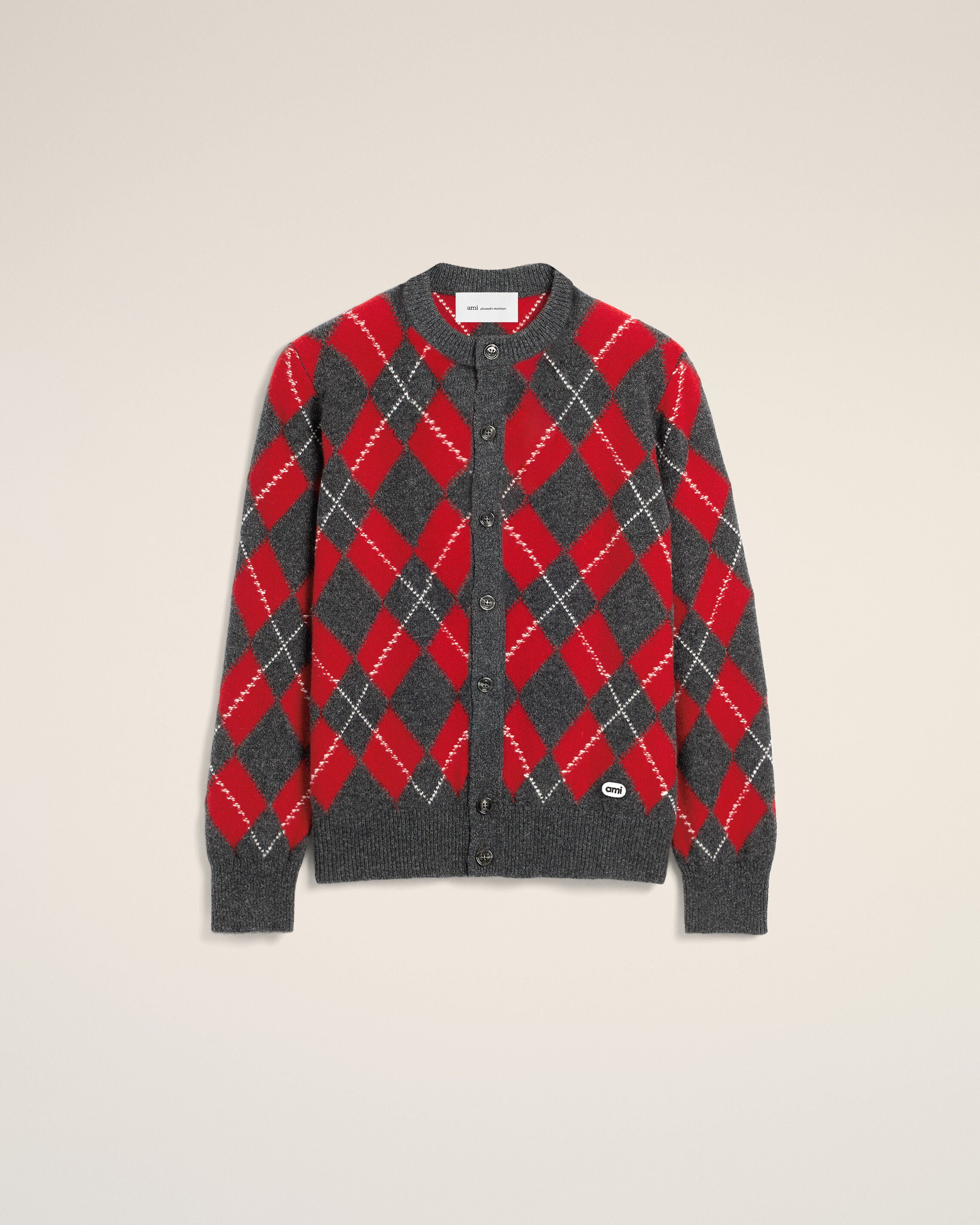 Grey wool cardigan in red argyle - 1