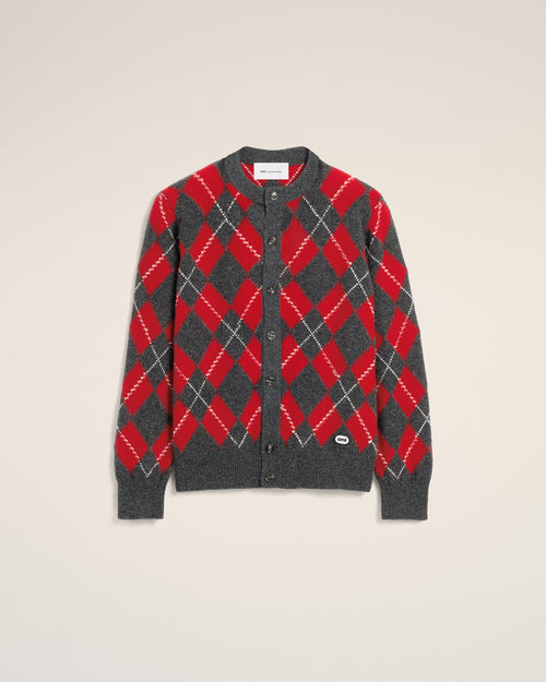 Grey wool cardigan in red argyle - Man - 1 - AMI Paris - Ami Paris