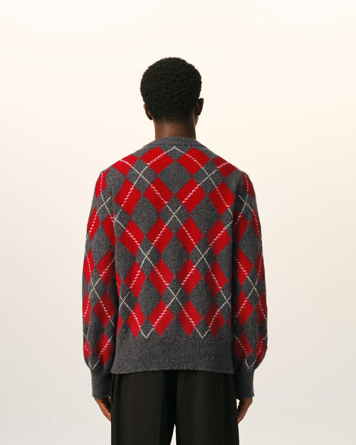 Grey wool cardigan in red argyle - Man - 5 - AMI Paris - Ami Paris
