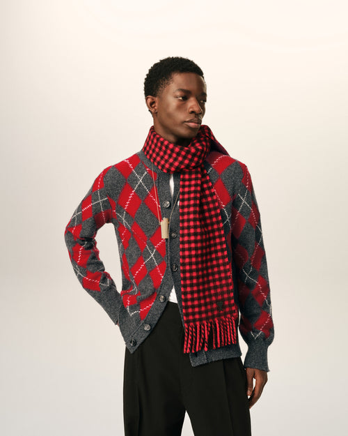 Grey wool cardigan in red argyle - Man - 2 - AMI Paris - Ami Paris