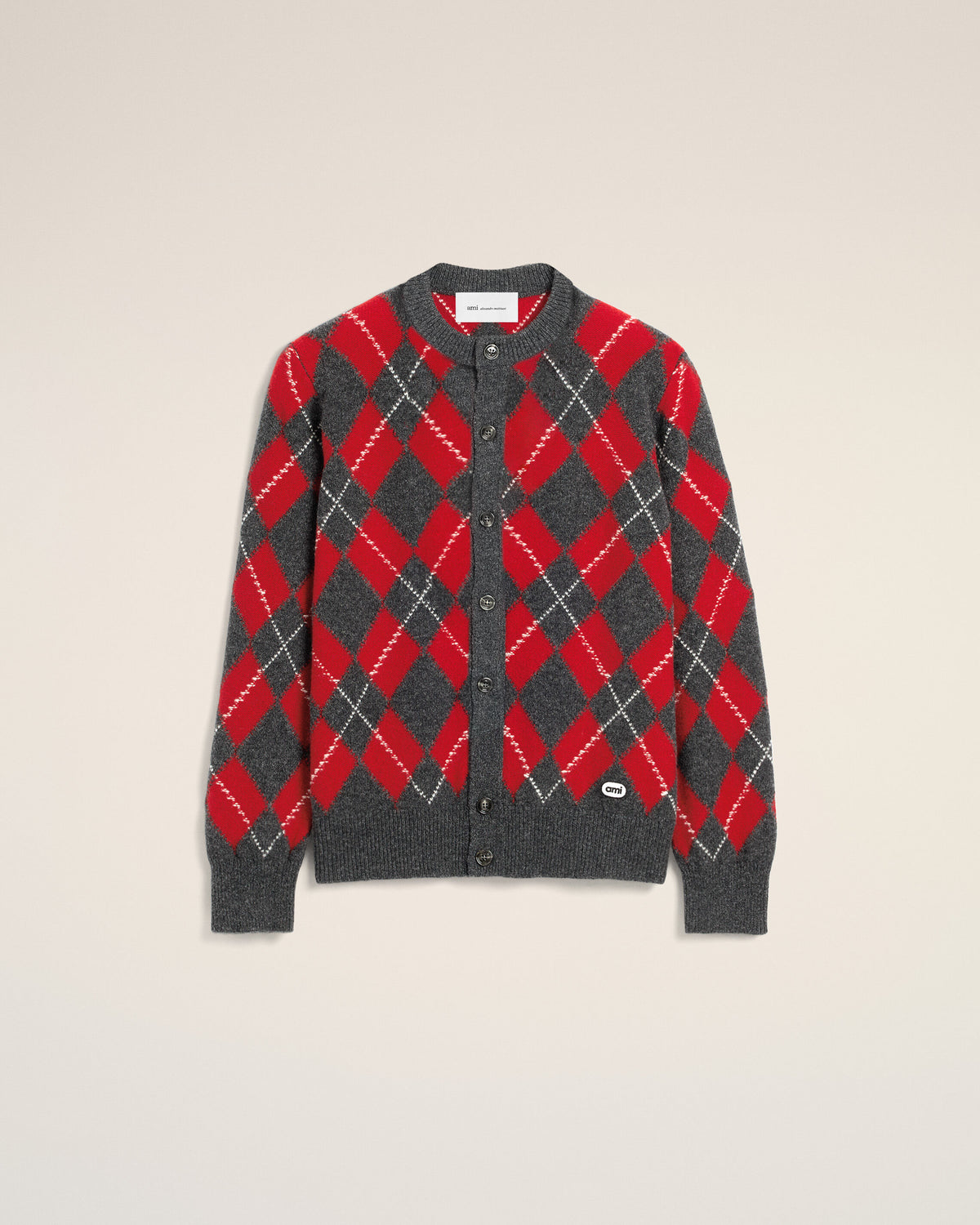 Cardigan gris motif argyle rouge en laine - 1