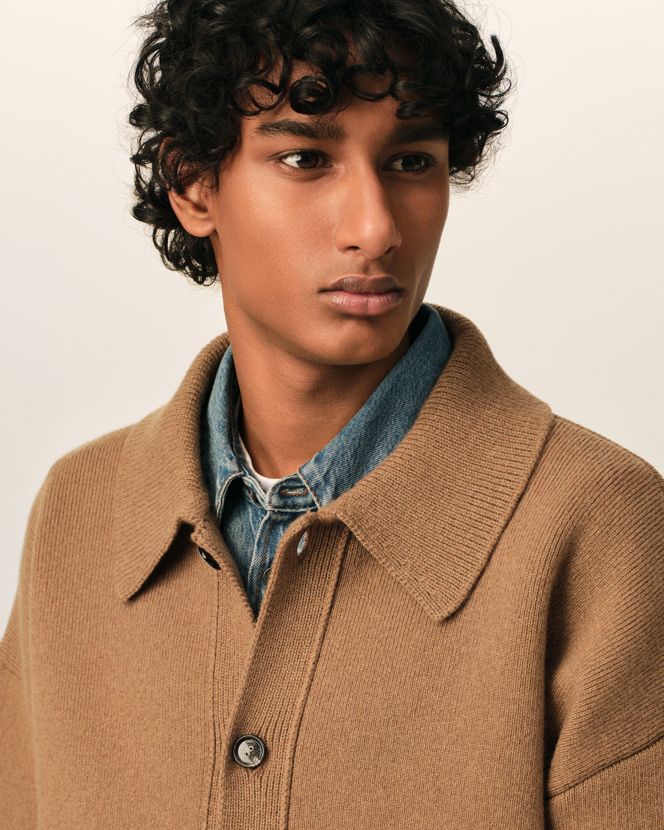 Brown wool shirt collar cardigan - 4