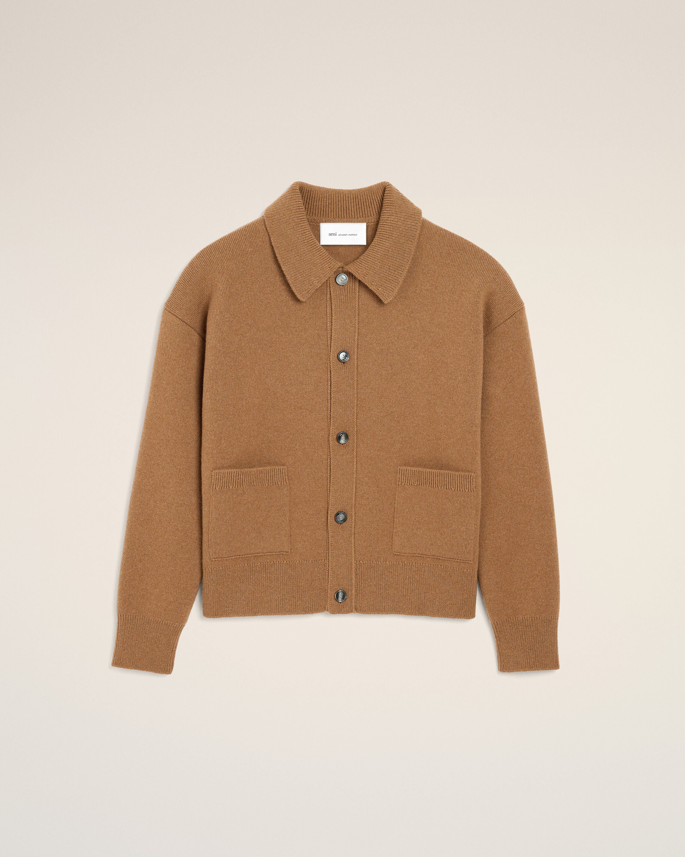 Brown wool shirt collar cardigan - 1