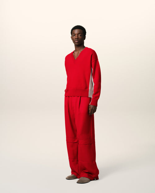 Pull Rouge Bicolore Col V En Maille En Laine - Homme - 6 - AMI Paris - Ami Paris